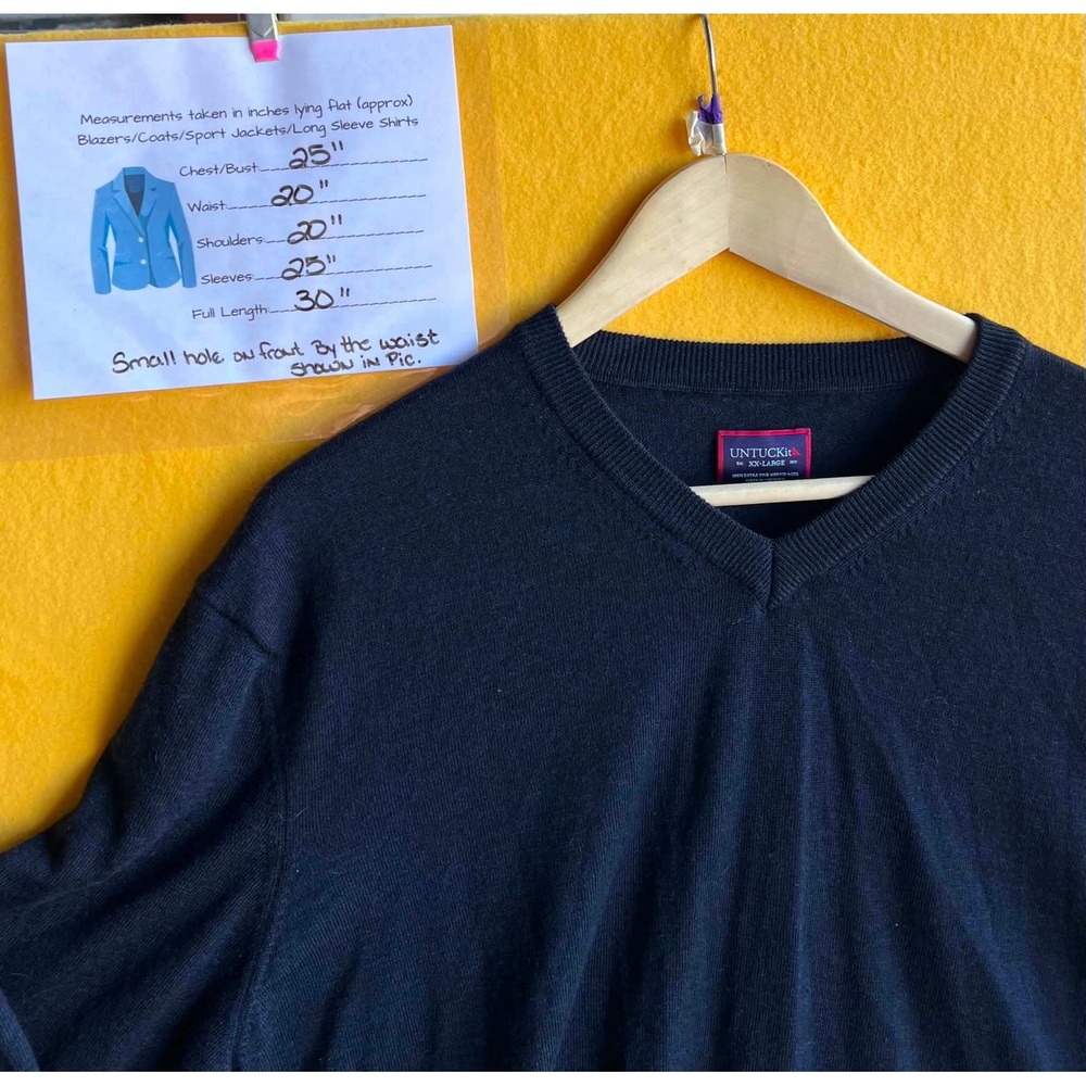 UNTUCKit Mens XXL Navy Blue 100% Extra Fine Merino Wool V-Neck Sweater  26-01-18